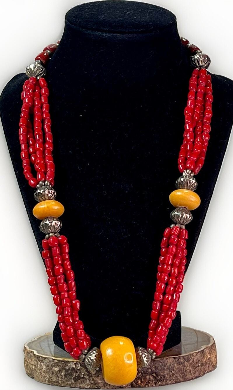 Vintage Red Coral Multi Strand Statement Necklace Yellow Resin Beads Silver Tone